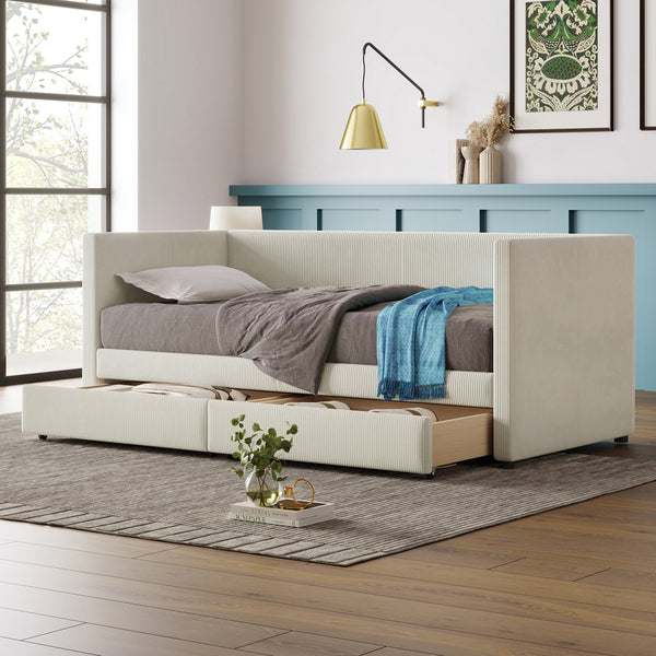 English Elm Twin Corduroy Daybed with Two Storage Drawers, Solid Pine Legs, Wood Slat Support, Durable Design Beige SF000007AAA