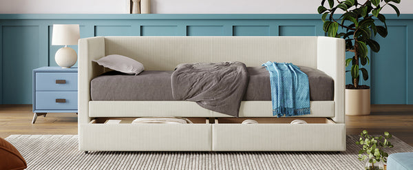 English Elm Twin Corduroy Daybed with Two Storage Drawers, Solid Pine Legs, Wood Slat Support, Durable Design Beige SF000007AAA