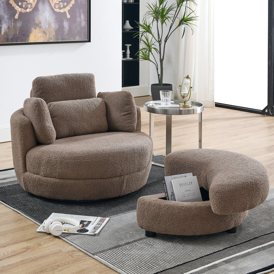 English Elm 39"W Oversized Swivel Chair with Moon Storage Ottoman, Round Plush Barrel Lounger for Cozy Living Coffee W83489914