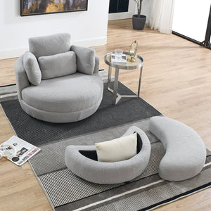 English Elm 39"W Oversized Swivel Chair with Moon Storage Ottoman, Round Plush Barrel Lounger for Cozy Living Grey Teddy W83489913