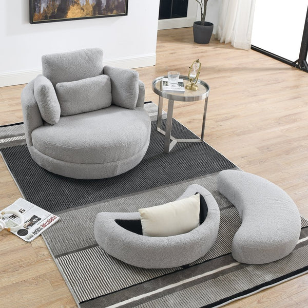 English Elm 39"W Oversized Swivel Chair with Moon Storage Ottoman, Round Plush Barrel Lounger for Cozy Living Grey Teddy W83489913