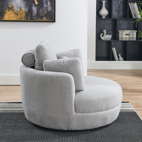 English Elm 39"W Oversized Swivel Chair with Moon Storage Ottoman, Round Plush Barrel Lounger for Cozy Living Grey Teddy W83489913