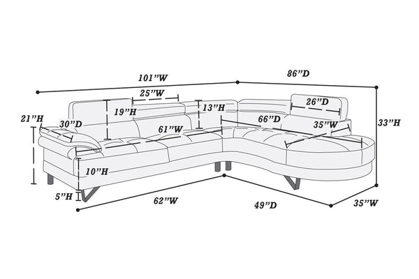 English Elm Living Room Furniture Sectional Sofa Set - Modern White Faux Leather With Adjustable Headrests & Chaise B011S00540