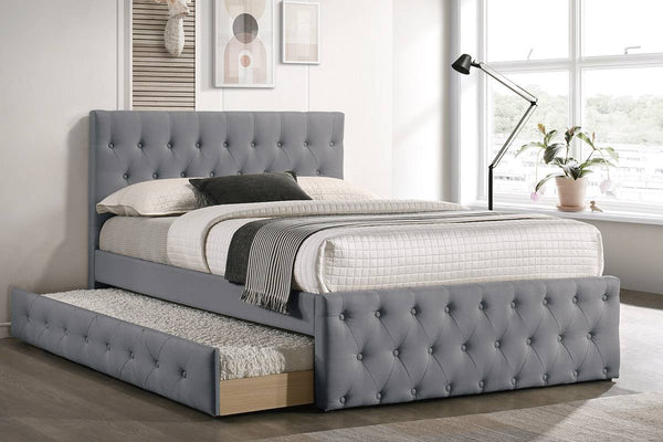 English Elm Contemporary Twin Size Bed With Trundle In Light Grey Burlap - Stylish Upholstered Youth Furniture B011S00434