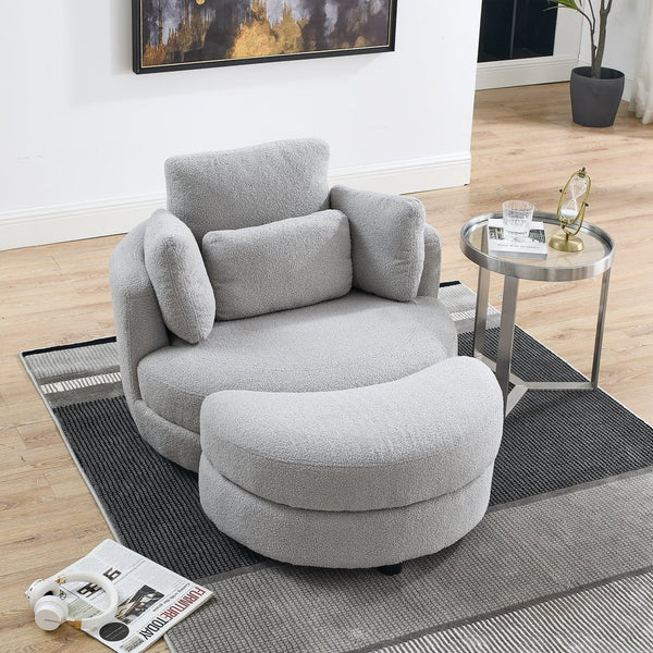 English Elm 39"W Oversized Swivel Chair with Moon Storage Ottoman, Round Plush Barrel Lounger for Cozy Living Grey Teddy W83489913