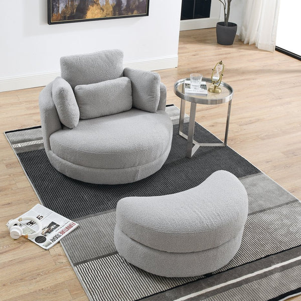 English Elm 39"W Oversized Swivel Chair with Moon Storage Ottoman, Round Plush Barrel Lounger for Cozy Living Grey Teddy W83489913
