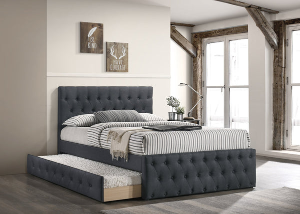 English Elm Contemporary Full Size Bed With Twin Trundle - Charcoal Burlap Upholstered, Space-Saving Design B011S00433