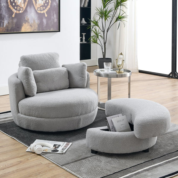 English Elm 39"W Oversized Swivel Chair with Moon Storage Ottoman, Round Plush Barrel Lounger for Cozy Living Grey Teddy W83489913