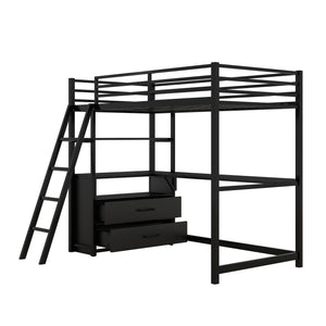 Hearth and Haven Elgin Twin Loft Bed with Desk, Shelves and Two Built in Drawers, Black GX000624AAB