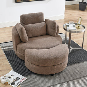 English Elm 39"W Oversized Swivel Chair with Moon Storage Ottoman, Round Plush Barrel Lounger for Cozy Living Coffee W83489914