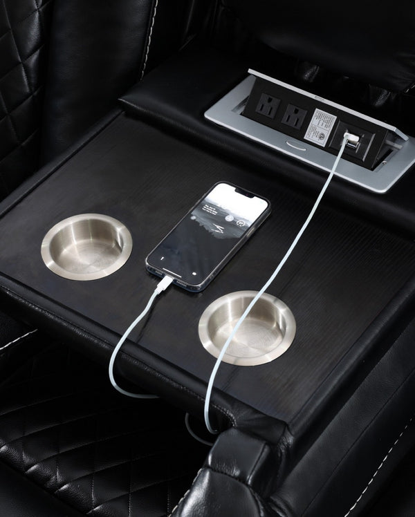 English Elm Zpm070 Power Reclining Sofa Set With Led Lighting, Usb Ports, Storage & Cup Holders – Black Comfort W1805S00145-GIGA