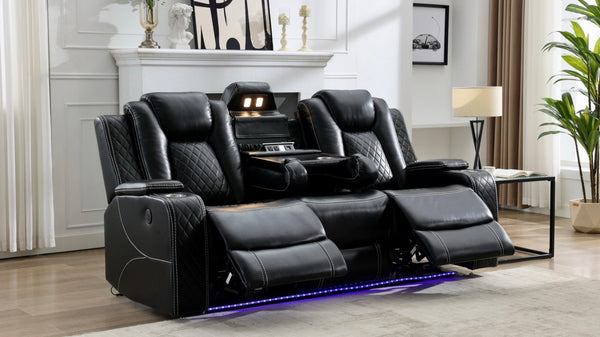 English Elm Zpm070 Power Reclining Sofa Set With Led Lighting, Usb Ports, Storage & Cup Holders – Black Comfort W1805S00145-GIGA