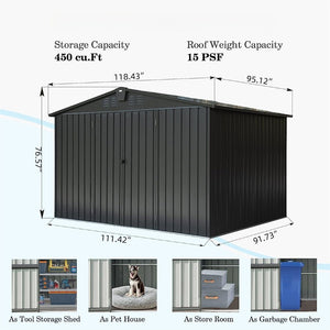 English Elm Outdoor Galvanized Steel Storage Shed 10x8 Lockable Double Door Backyard Organizer W1859S00032