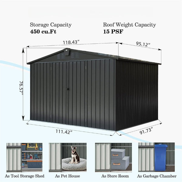 English Elm Outdoor Galvanized Steel Storage Shed 10x8 Lockable Double Door Backyard Organizer W1859S00032