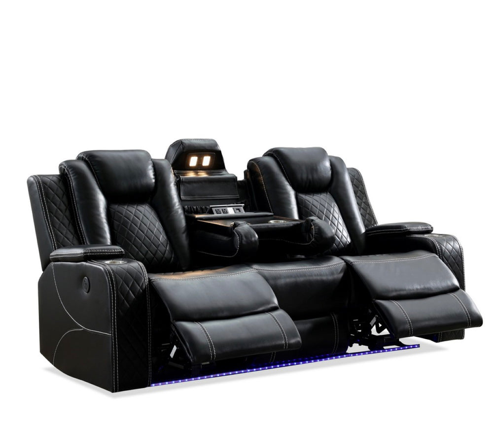 English Elm Zpm070 Power Reclining Sofa Set With Led Lighting, Usb Ports, Storage & Cup Holders – Black Comfort W1805S00145-GIGA