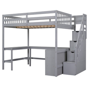 English Elm Full Space-Saving Loft Bed with Built-In L-Shaped Desk, Three-Tier Shelves and Stair Storage for Study Gray GX000431AAE