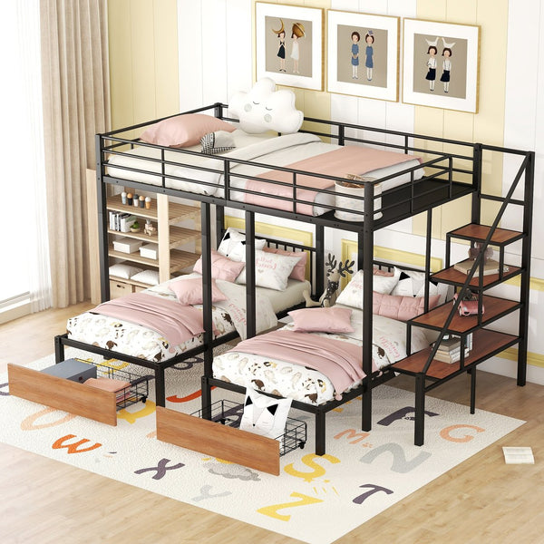English Elm Full Full over Twin-Twin Triple Bunk Bed with Drawers & Stairs, White/Natural Planks, Space-Saving Durable Design SF000008AAB
