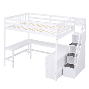 English Elm Full Space-Saving Loft Bed with Built-In L-Shaped Desk, Three-Tier Shelves and Stair Storage for Study White GX000431AAK