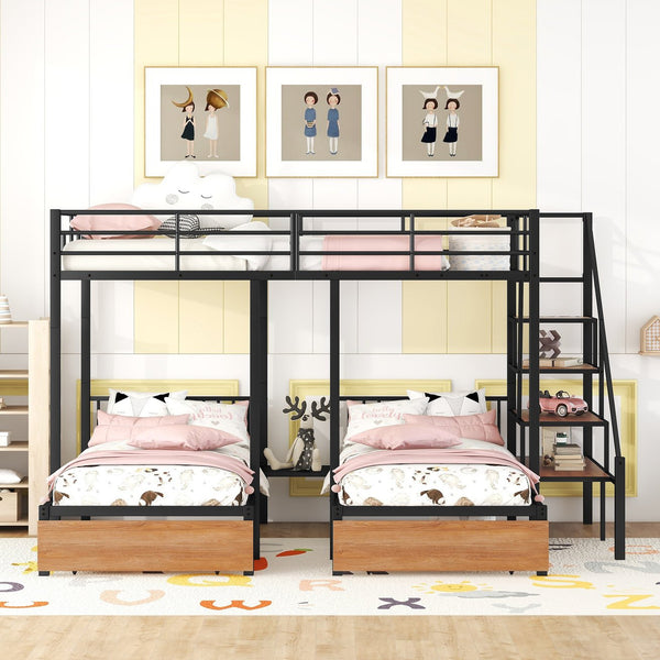 English Elm Full Full over Twin-Twin Triple Bunk Bed with Drawers & Stairs, White/Natural Planks, Space-Saving Durable Design SF000008AAB