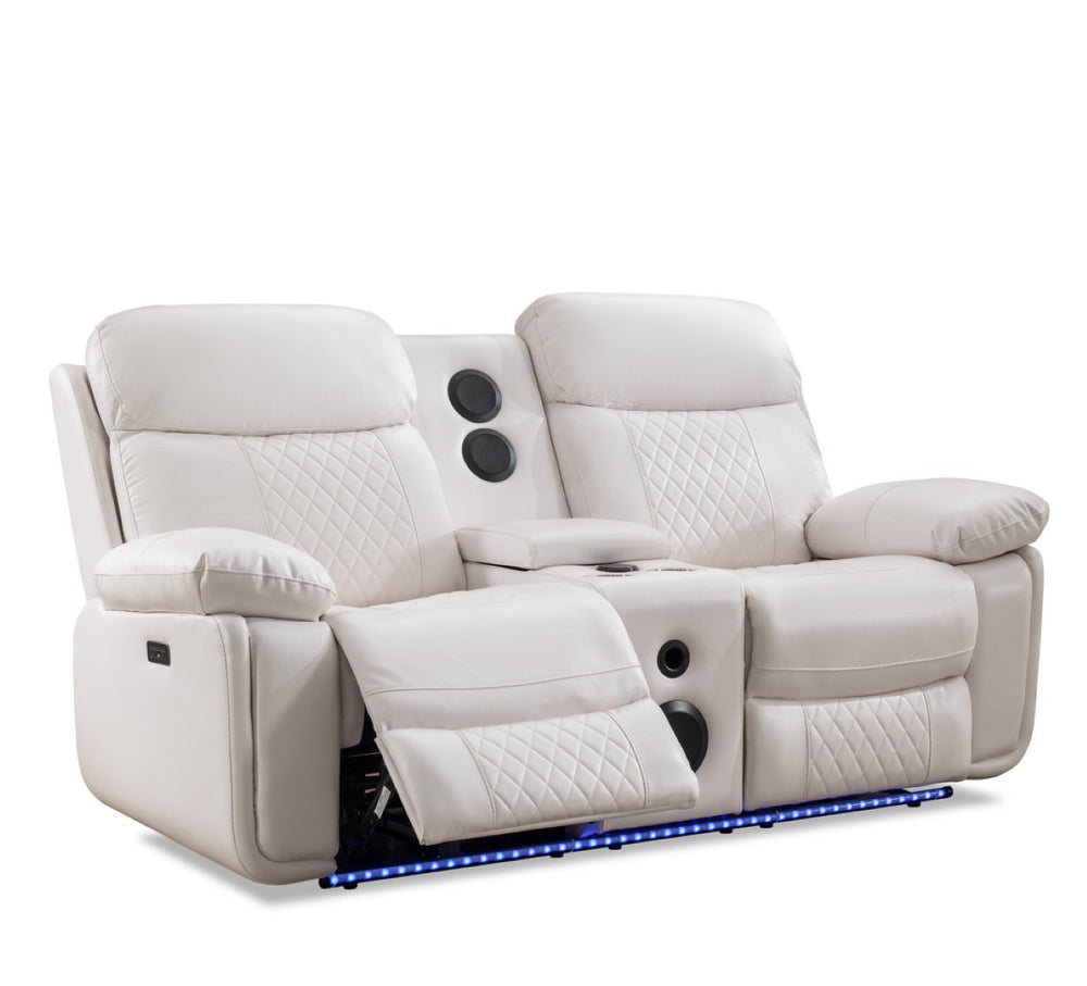 English Elm M046 Power Reclining Loveseat with Bluetooth Speakers Led Lighting Faux Leather White W1805P308465