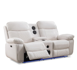 English Elm M046 Power Reclining Loveseat with Bluetooth Speakers Led Lighting Faux Leather White W1805P308465