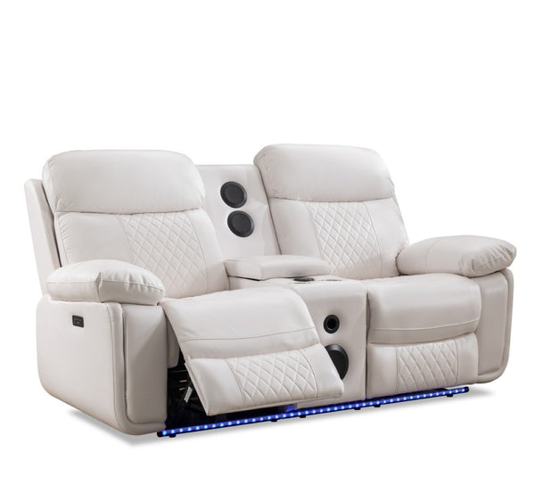 English Elm M046 Power Reclining Loveseat with Bluetooth Speakers Led Lighting Faux Leather White W1805P308465