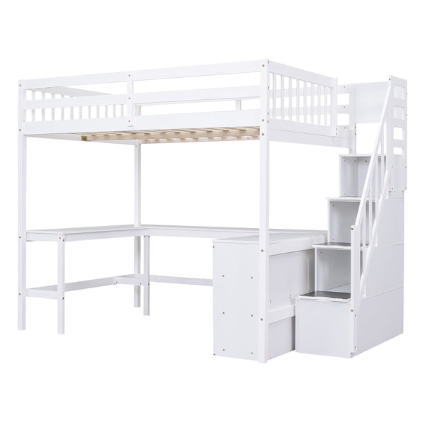 English Elm Full Space-Saving Loft Bed with Built-In L-Shaped Desk, Three-Tier Shelves and Stair Storage for Study White GX000431AAK