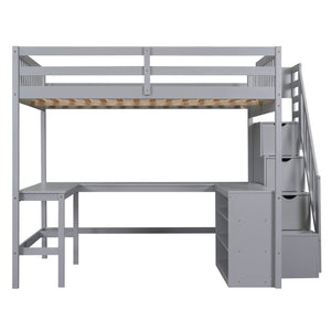 English Elm Full Space-Saving Loft Bed with Built-In L-Shaped Desk, Three-Tier Shelves and Stair Storage for Study Gray GX000431AAE