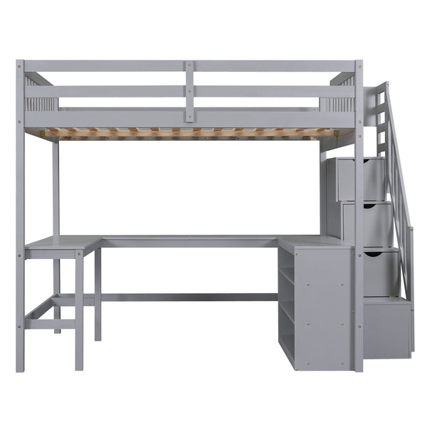 English Elm Full Space-Saving Loft Bed with Built-In L-Shaped Desk, Three-Tier Shelves and Stair Storage for Study Gray GX000431AAE