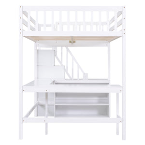 English Elm Full Space-Saving Loft Bed with Built-In L-Shaped Desk, Three-Tier Shelves and Stair Storage for Study White GX000431AAK
