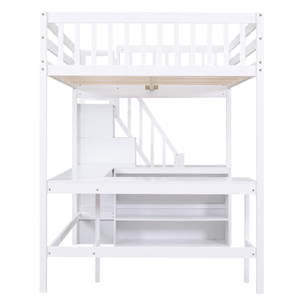 English Elm Full Space-Saving Loft Bed with Built-In L-Shaped Desk, Three-Tier Shelves and Stair Storage for Study White GX000431AAK