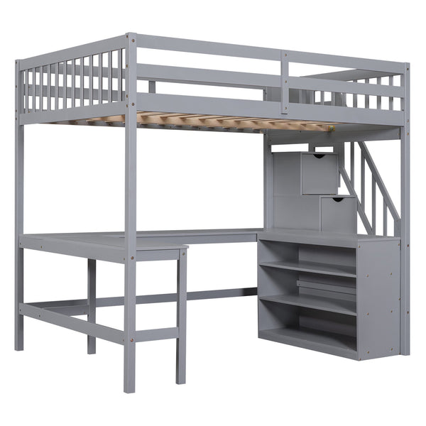 English Elm Full Space-Saving Loft Bed with Built-In L-Shaped Desk, Three-Tier Shelves and Stair Storage for Study Gray GX000431AAE