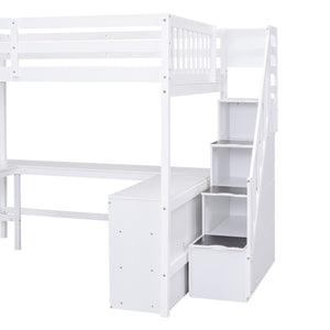English Elm Full Space-Saving Loft Bed with Built-In L-Shaped Desk, Three-Tier Shelves and Stair Storage for Study White GX000431AAK