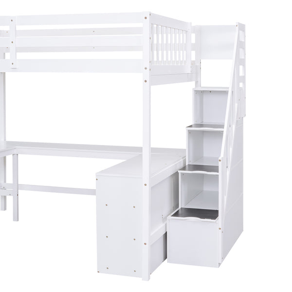 English Elm Full Space-Saving Loft Bed with Built-In L-Shaped Desk, Three-Tier Shelves and Stair Storage for Study White GX000431AAK