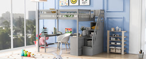 English Elm Full Space-Saving Loft Bed with Built-In L-Shaped Desk, Three-Tier Shelves and Stair Storage for Study Gray GX000431AAE