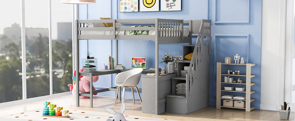 English Elm Full Space-Saving Loft Bed with Built-In L-Shaped Desk, Three-Tier Shelves and Stair Storage for Study Gray GX000431AAE