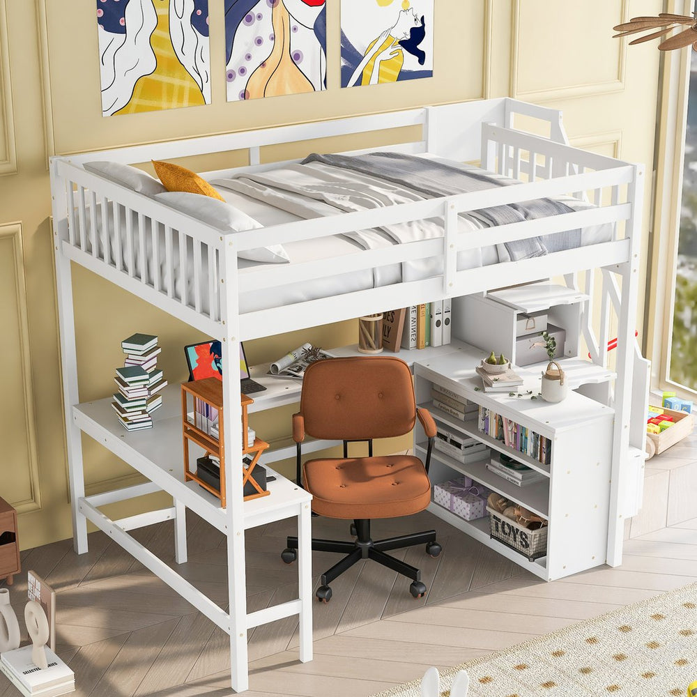 English Elm Full Space-Saving Loft Bed with Built-In L-Shaped Desk, Three-Tier Shelves and Stair Storage for Study White GX000431AAK