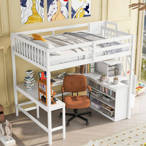 English Elm Full Space-Saving Loft Bed with Built-In L-Shaped Desk, Three-Tier Shelves and Stair Storage for Study White GX000431AAK