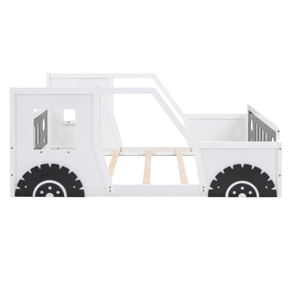 English Elm Full Full Size Classic Car-Shaped Platform Bed with Wheels – Sturdy Pine & MDF, Fun Headboard Design White WF306743AAK