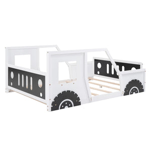 English Elm Full Full Size Classic Car-Shaped Platform Bed with Wheels – Sturdy Pine & MDF, Fun Headboard Design White WF306743AAK