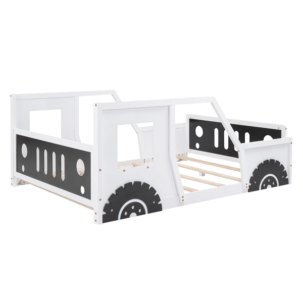 English Elm Full Full Size Classic Car-Shaped Platform Bed with Wheels – Sturdy Pine & MDF, Fun Headboard Design White WF306743AAK