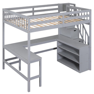English Elm Full Space-Saving Loft Bed with Built-In L-Shaped Desk, Three-Tier Shelves and Stair Storage for Study Gray GX000431AAE