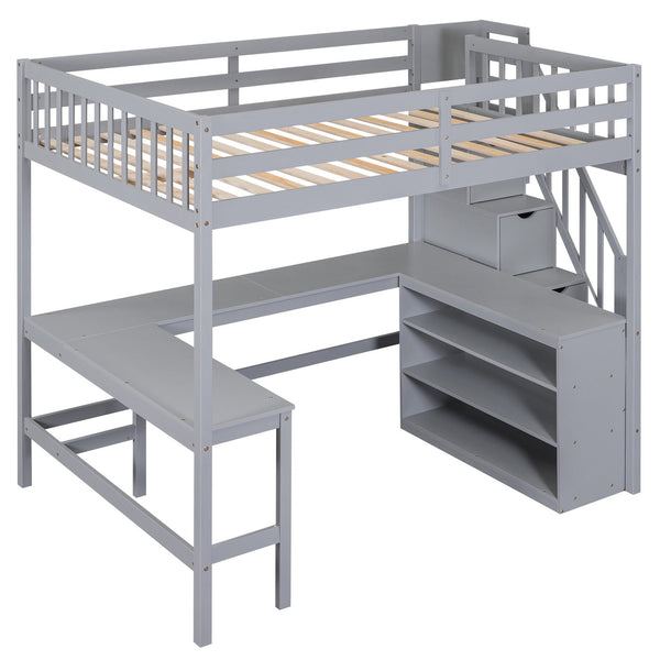 English Elm Full Space-Saving Loft Bed with Built-In L-Shaped Desk, Three-Tier Shelves and Stair Storage for Study Gray GX000431AAE