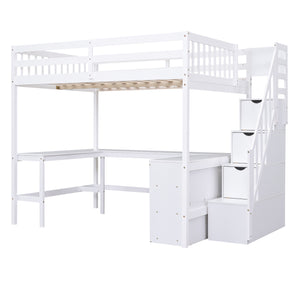 English Elm Full Space-Saving Loft Bed with Built-In L-Shaped Desk, Three-Tier Shelves and Stair Storage for Study White GX000431AAK