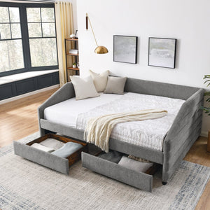 English Elm Queen Tufted Linen Upholstered Daybed Sofa with Under Frame Storage Drawers W487S00167