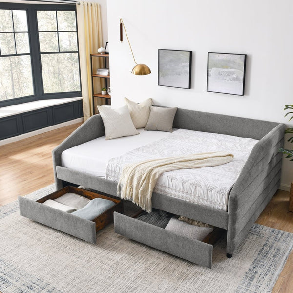 English Elm Queen Tufted Linen Upholstered Daybed Sofa with Under Frame Storage Drawers W487S00167