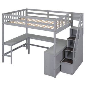 English Elm Full Space-Saving Loft Bed with Built-In L-Shaped Desk, Three-Tier Shelves and Stair Storage for Study Gray GX000431AAE