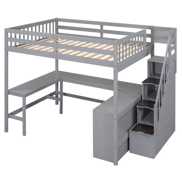 English Elm Full Space-Saving Loft Bed with Built-In L-Shaped Desk, Three-Tier Shelves and Stair Storage for Study Gray GX000431AAE
