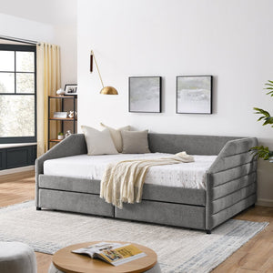 English Elm Queen Tufted Linen Upholstered Daybed Sofa with Under Frame Storage Drawers W487S00167