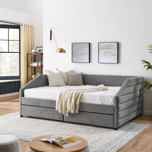 English Elm Queen Tufted Linen Upholstered Daybed Sofa with Under Frame Storage Drawers W487S00167